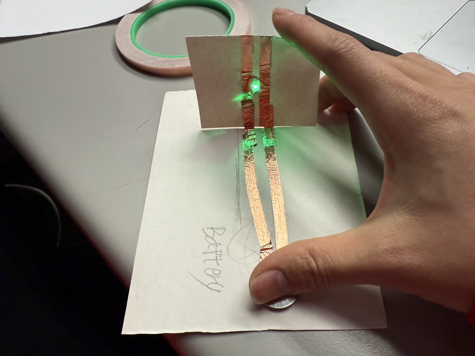 Experiment with moveable LED placement in a copper tape circuit.