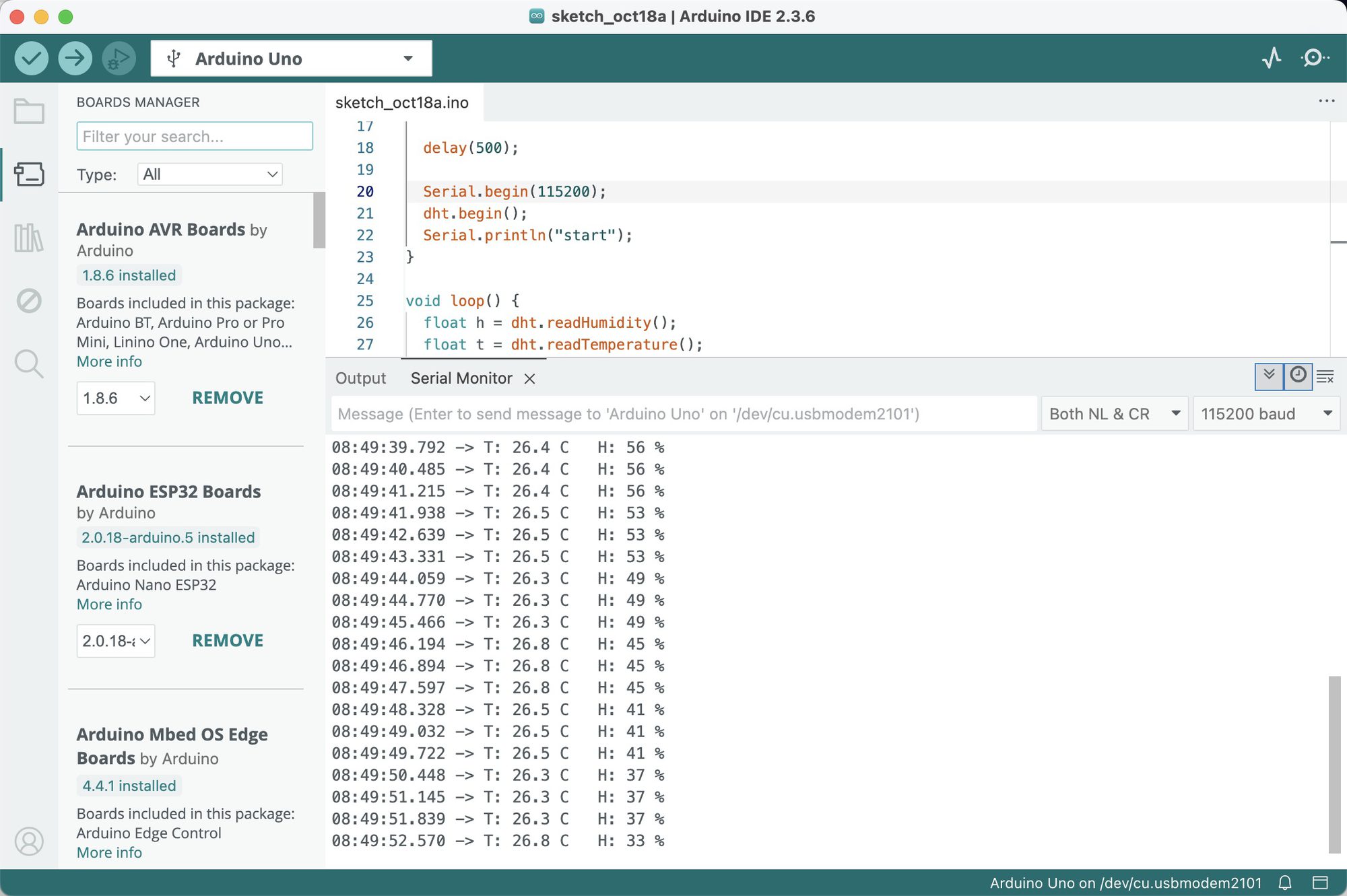 Serial Monitor streaming sensor data