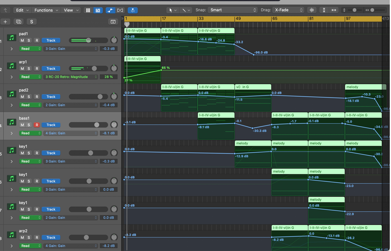 Logic Pro arrangement — pads, arps, bass, keys and melody layers across a multi-track session