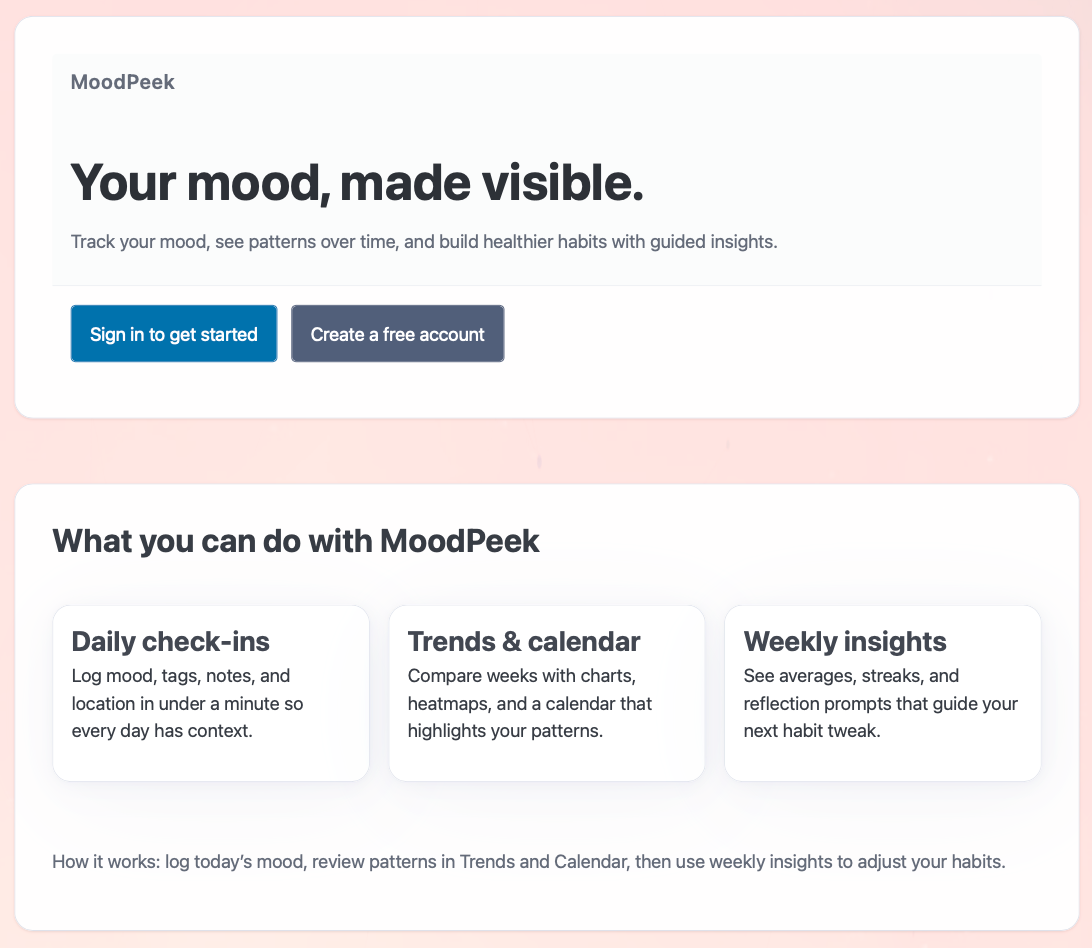 MoodPeek Pro — calendar-first mood logging dashboard