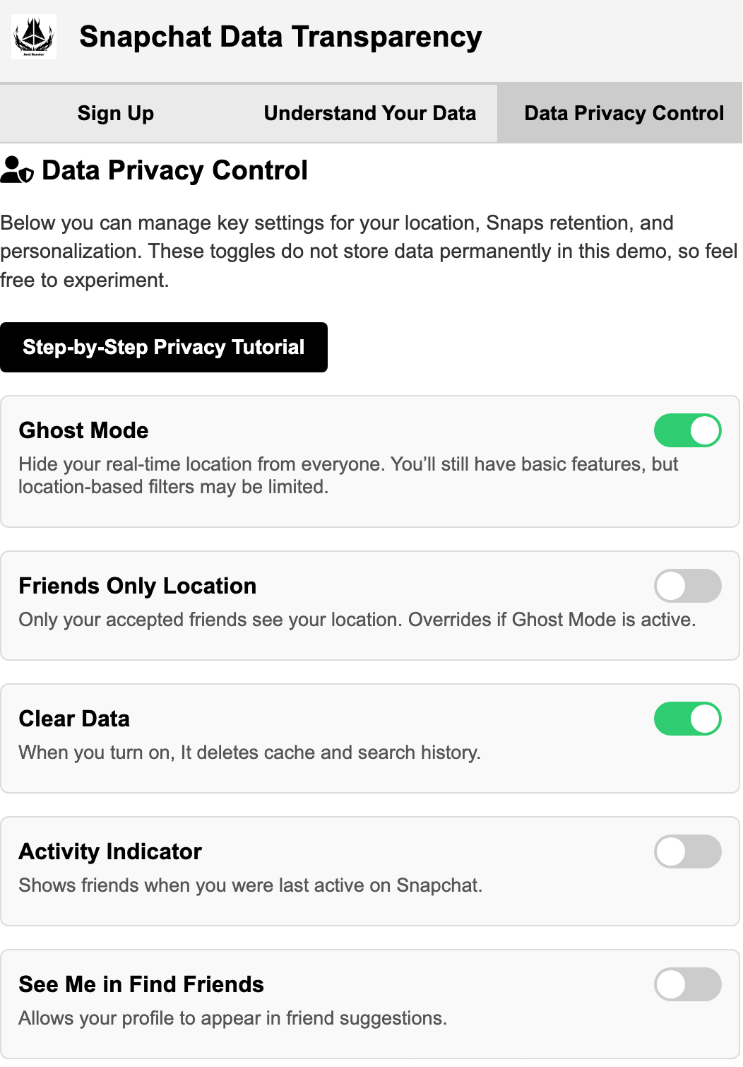 Snapchat data transparency prototype — Collect, Process, Share, Control flow