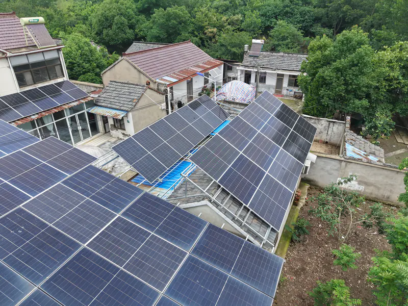 Low-angle aerial view across the arrays